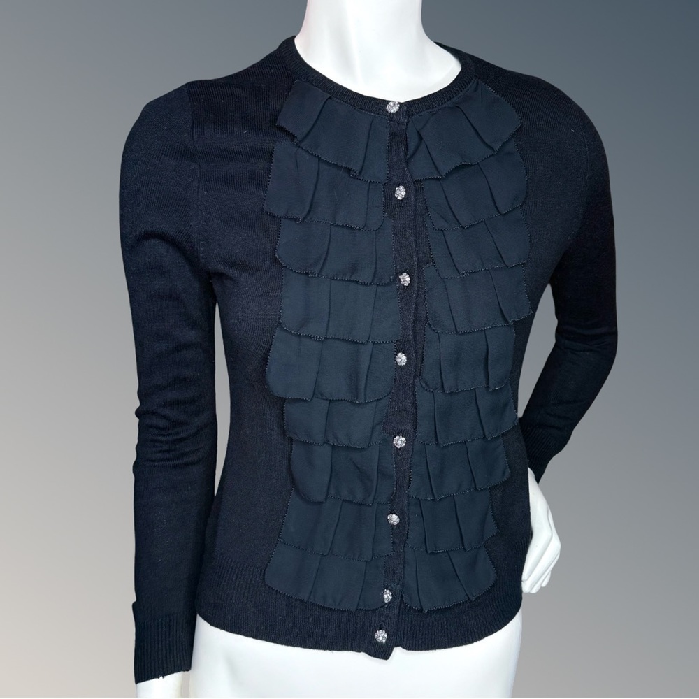 New York & Company Black Y2K chiffon-style ruffle Cardigan